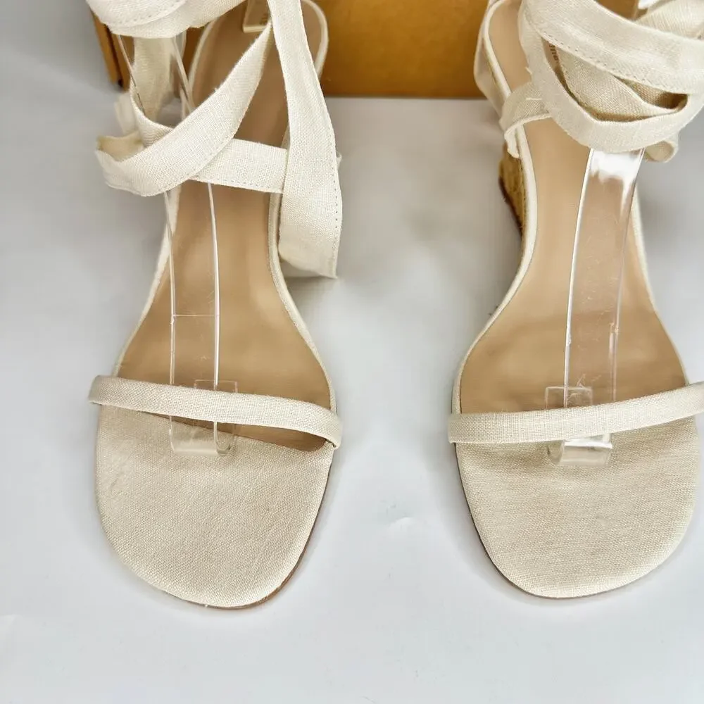 NWT Reformation Alessa Lace Up Cream Linen Wedge Espadrilles Shoes Size 9